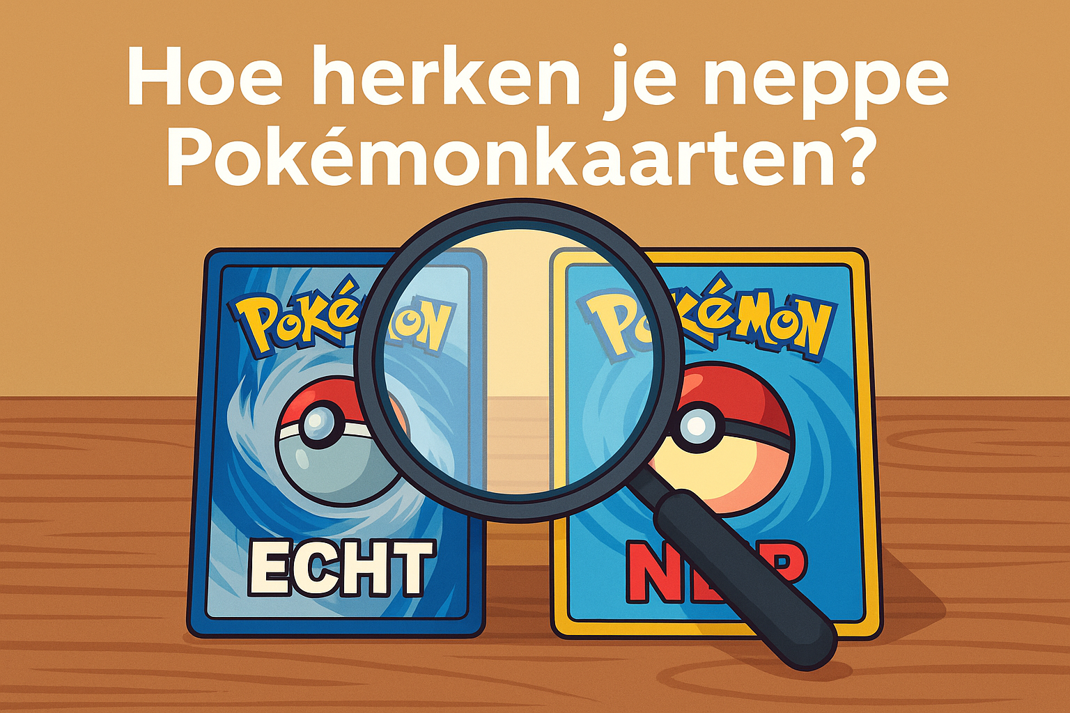Illustratie van twee Pokémonkaarten, één gemarkeerd als echt en één als nep, met een vergrootglas erboven en de titel 'Hoe herken je neppe Pokémonkaarten?' erboven.