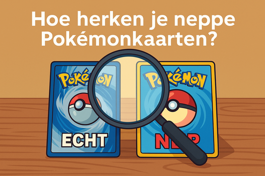 Illustratie van twee Pokémonkaarten, één gemarkeerd als echt en één als nep, met een vergrootglas erboven en de titel 'Hoe herken je neppe Pokémonkaarten?' erboven.