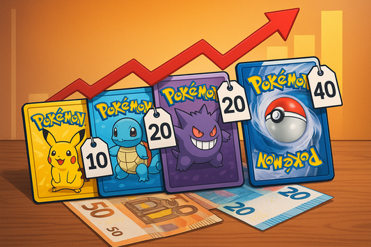 Illustratie van Pokémonkaarten met prijskaartjes en een rode stijgende grafieklijn, die de prijsstijging van Pokémon producten uitbeeldt.