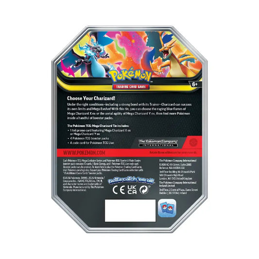 Pokémon TCG Mega Charizard ex Tin achterkant met productinformatie en inhoud van de tin