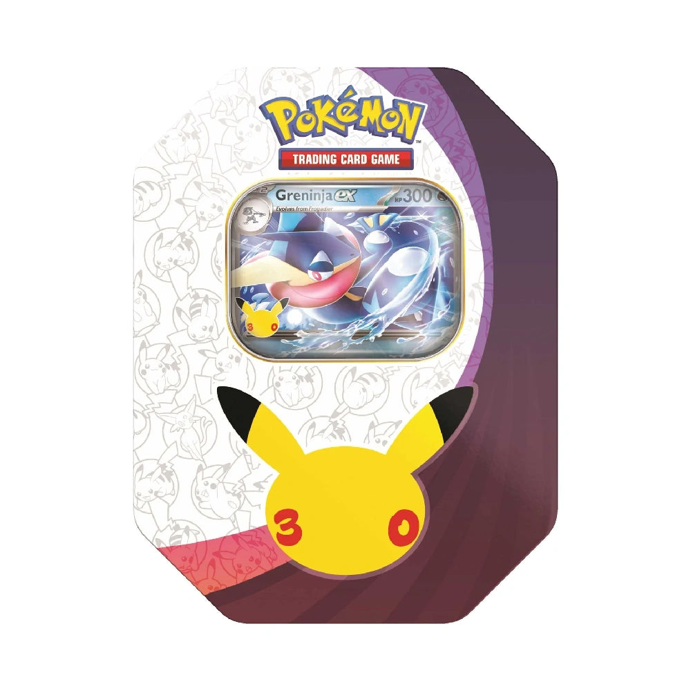 Pokémon 30th Celebration Greninja ex Tin met zichtbare Greninja ex promokaart en geel Pikachu-jubileumlogo