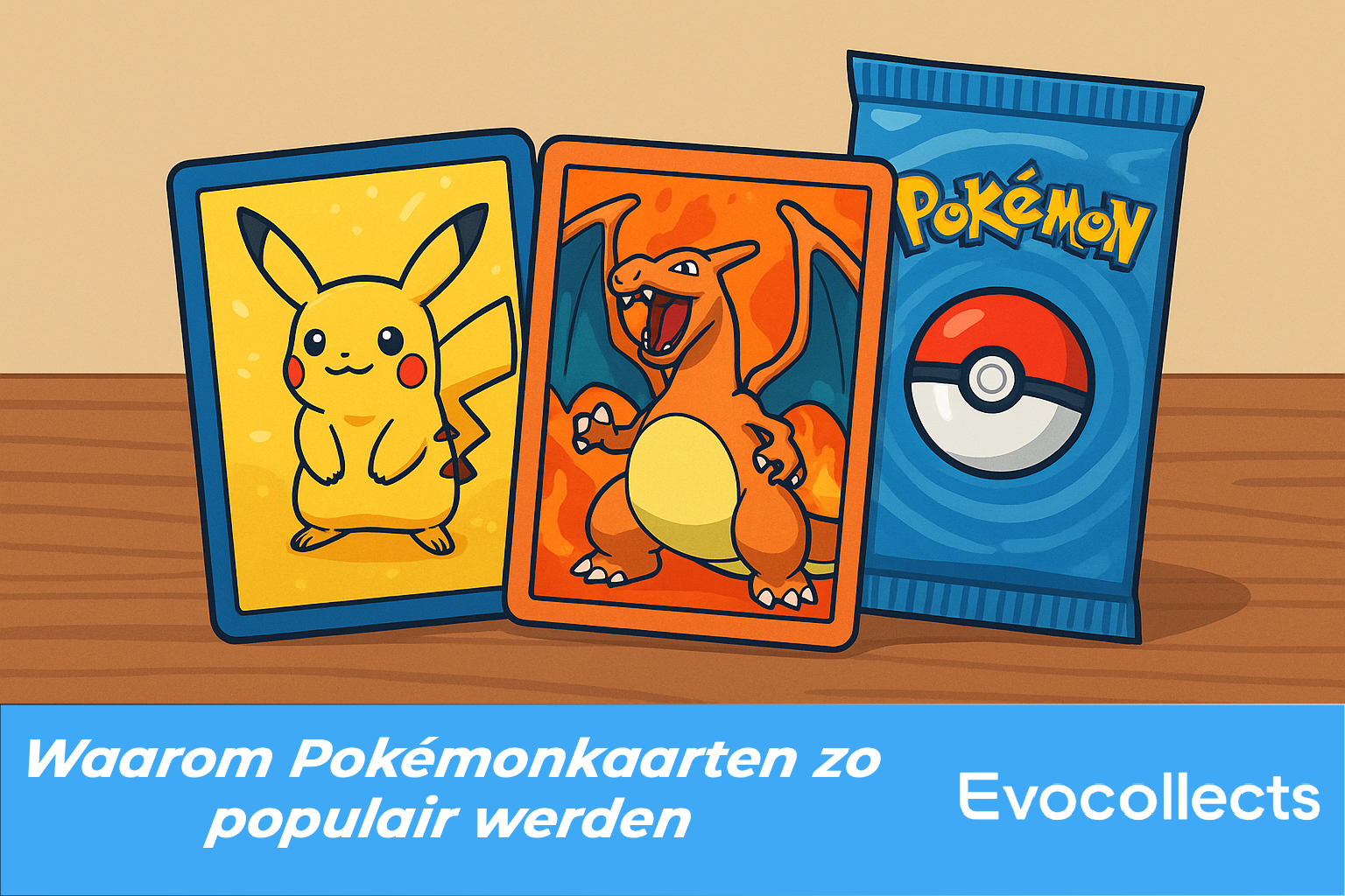 Illustratie met Pokémonkaarten van Pikachu en Charizard op tafel met een blauwe banner en Evocollects-logo
