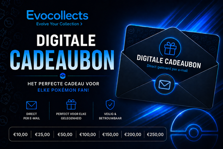 Evocollects digitale cadeaubon voor Pokémon kaarten, direct geleverd per e-mail in bedragen van €10 tot €250.