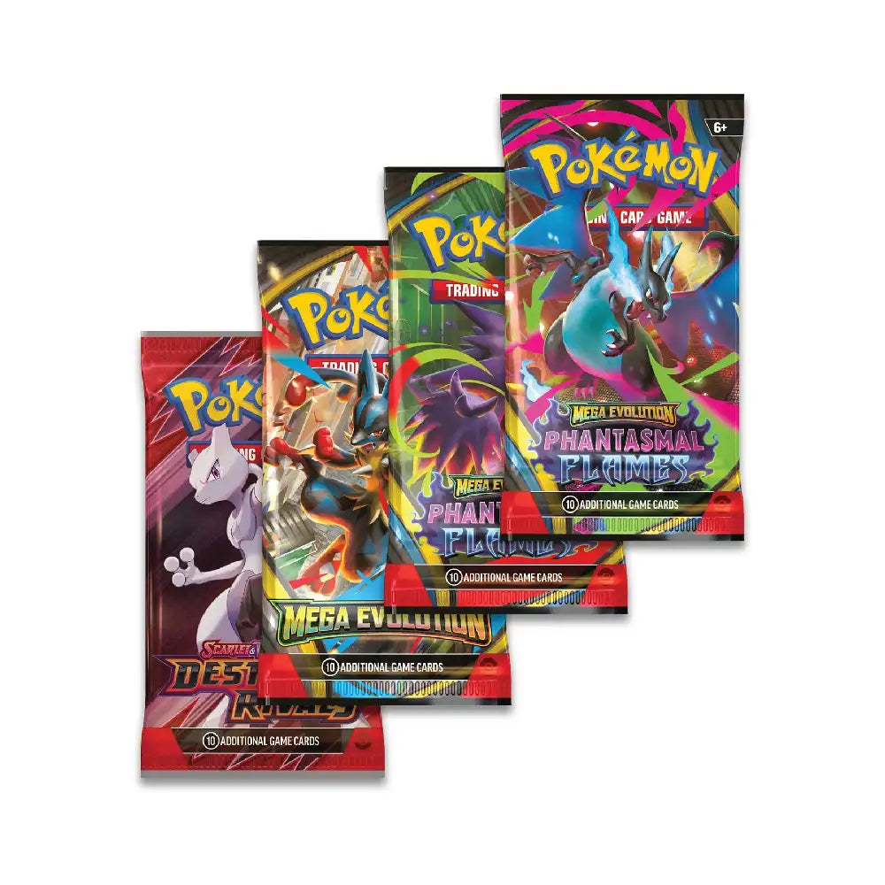 Pokémon TCG booster packs uit Mega Charizard ex Tin met verschillende Pokémon artwork en sets