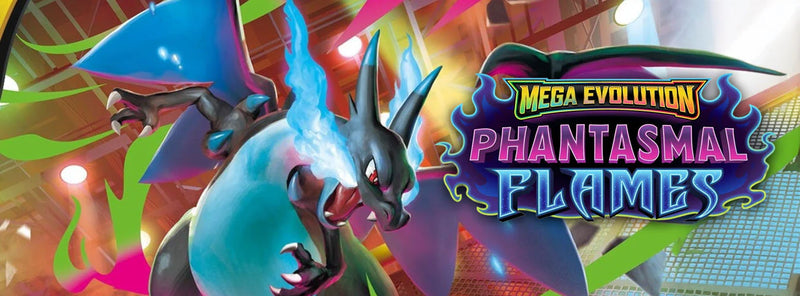 Mega Evolution Phantasmal Flames banner met Mega Charizard X – officiële Pokémon TCG artwork | Evocollects