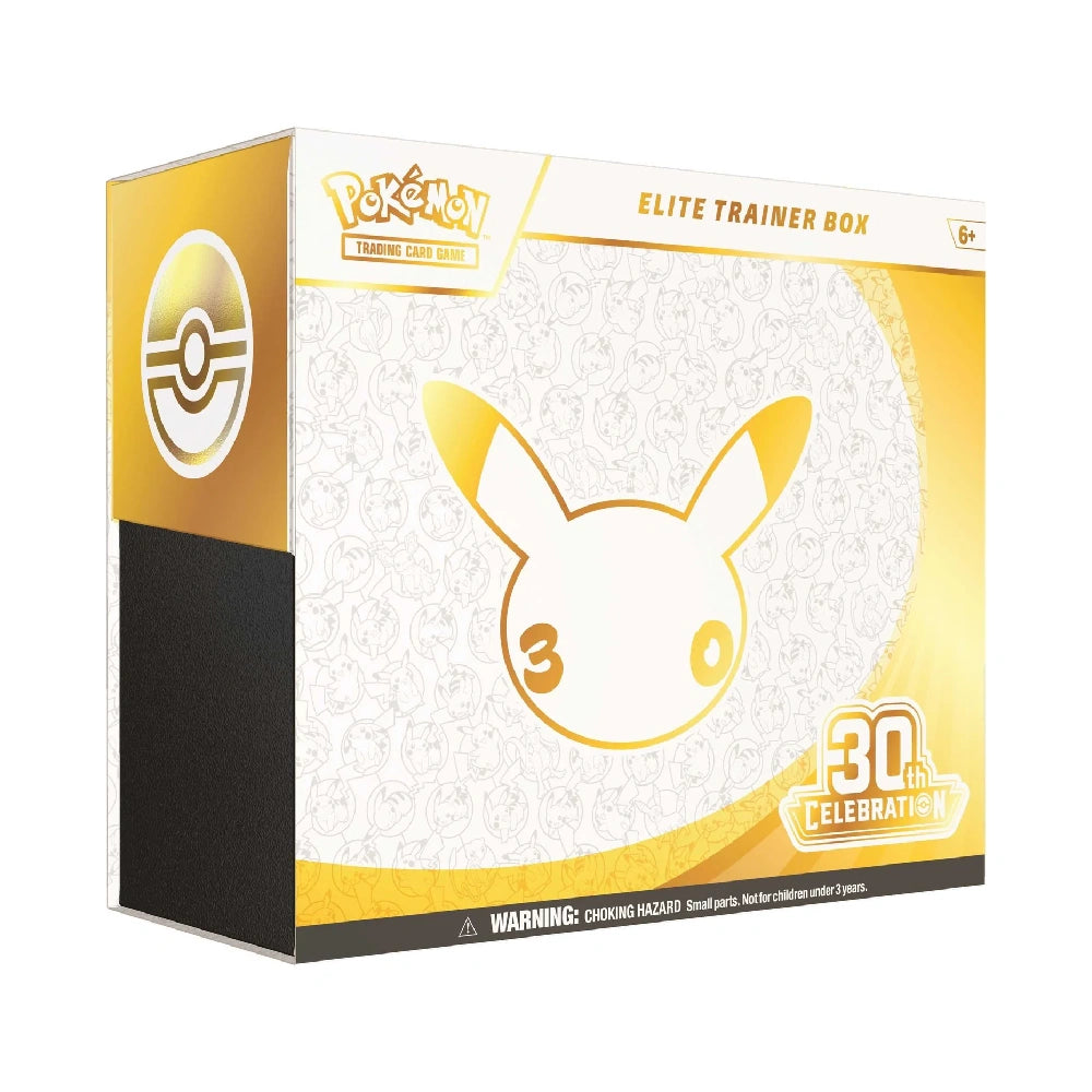 Pokémon TCG 30th Celebration Elite Trainer Box met wit-gouden ontwerp en Pikachu-logo voor het 30-jarig jubileum