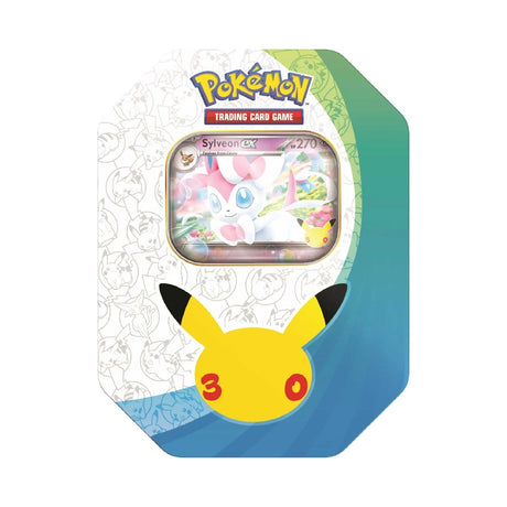 Pokémon 30th Celebration Sylveon ex Tin met groen-blauw ontwerp, zichtbare Sylveon ex promokaart en geel Pikachu-jubileumlogo