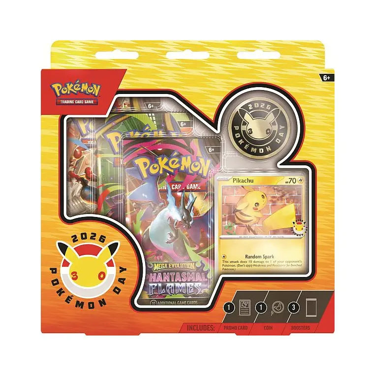 Pokémon Day 2026 Collection met Pikachu promo kaart, coin en 3 booster packs