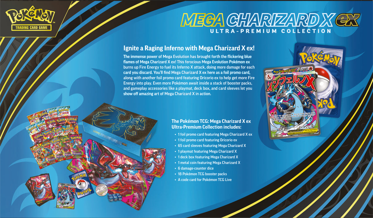 Achterkant van de Pokémon Mega Charizard X ex Ultra-Premium Collection met inhoudsopgave en productinformatie | Evocollects
