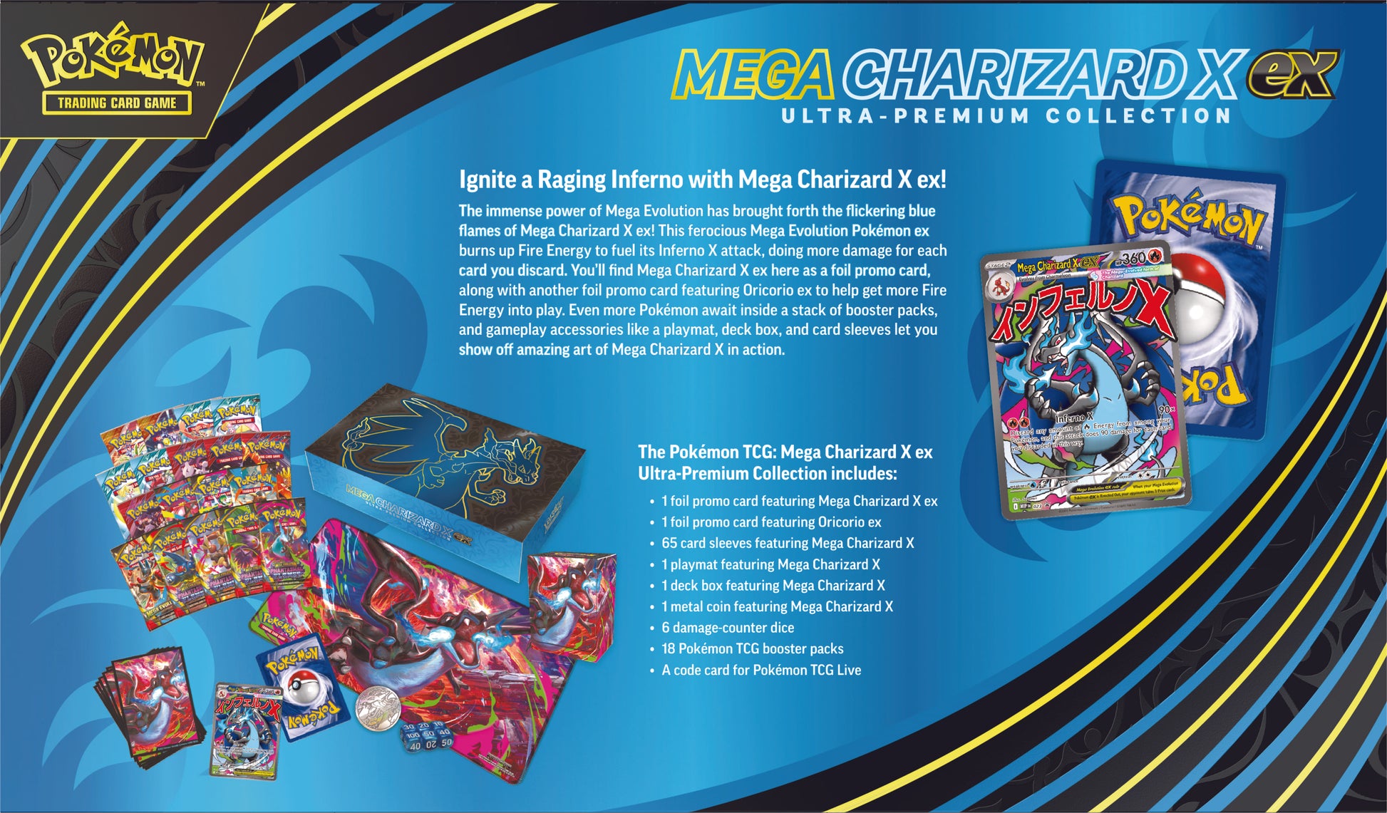 Achterkant van de Pokémon Mega Charizard X ex Ultra-Premium Collection met inhoudsopgave en productinformatie | Evocollects