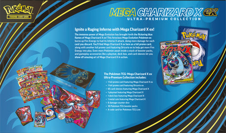 Achterkant van de Pokémon Mega Charizard X ex Ultra-Premium Collection met inhoudsopgave en productinformatie | Evocollects