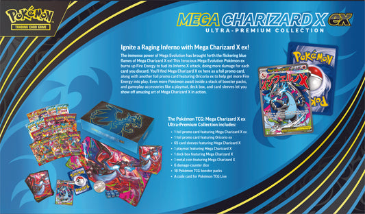 Achterkant van de Pokémon Mega Charizard X ex Ultra-Premium Collection met inhoudsopgave en productinformatie | Evocollects