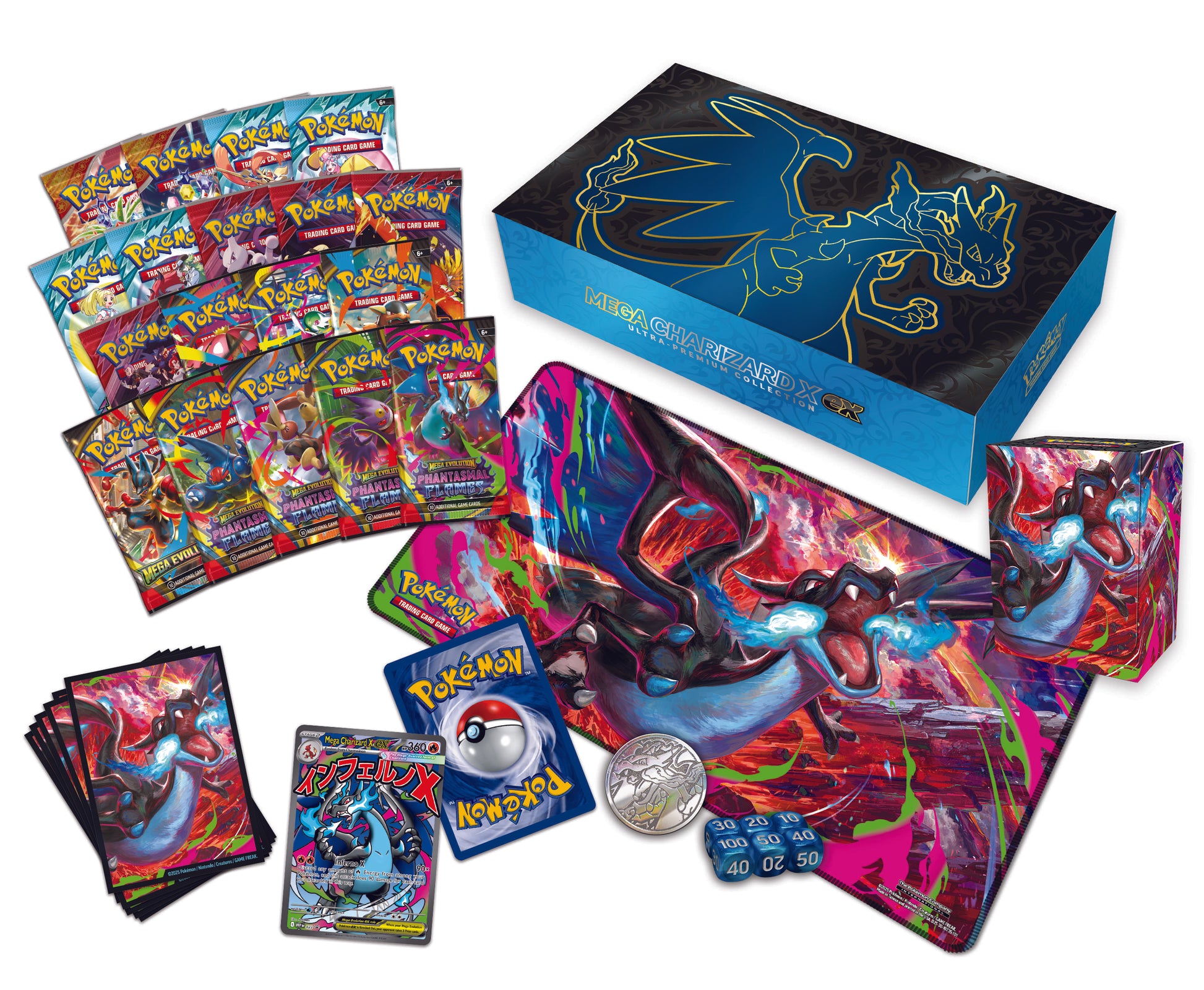 Inhoud van de Pokémon Mega Charizard X ex Ultra-Premium Collection met promokaarten, sleeves en accessoires | Evocollects