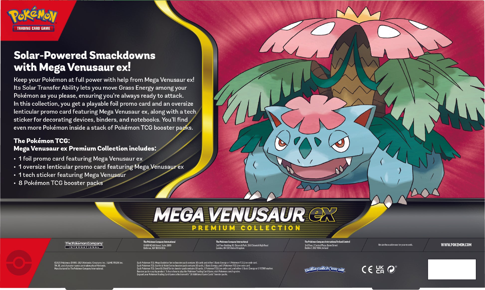 Achterkant van de Pokémon Mega Venusaur EX Premium Collection met inhoudsoverzicht en productinformatie | Evocollects